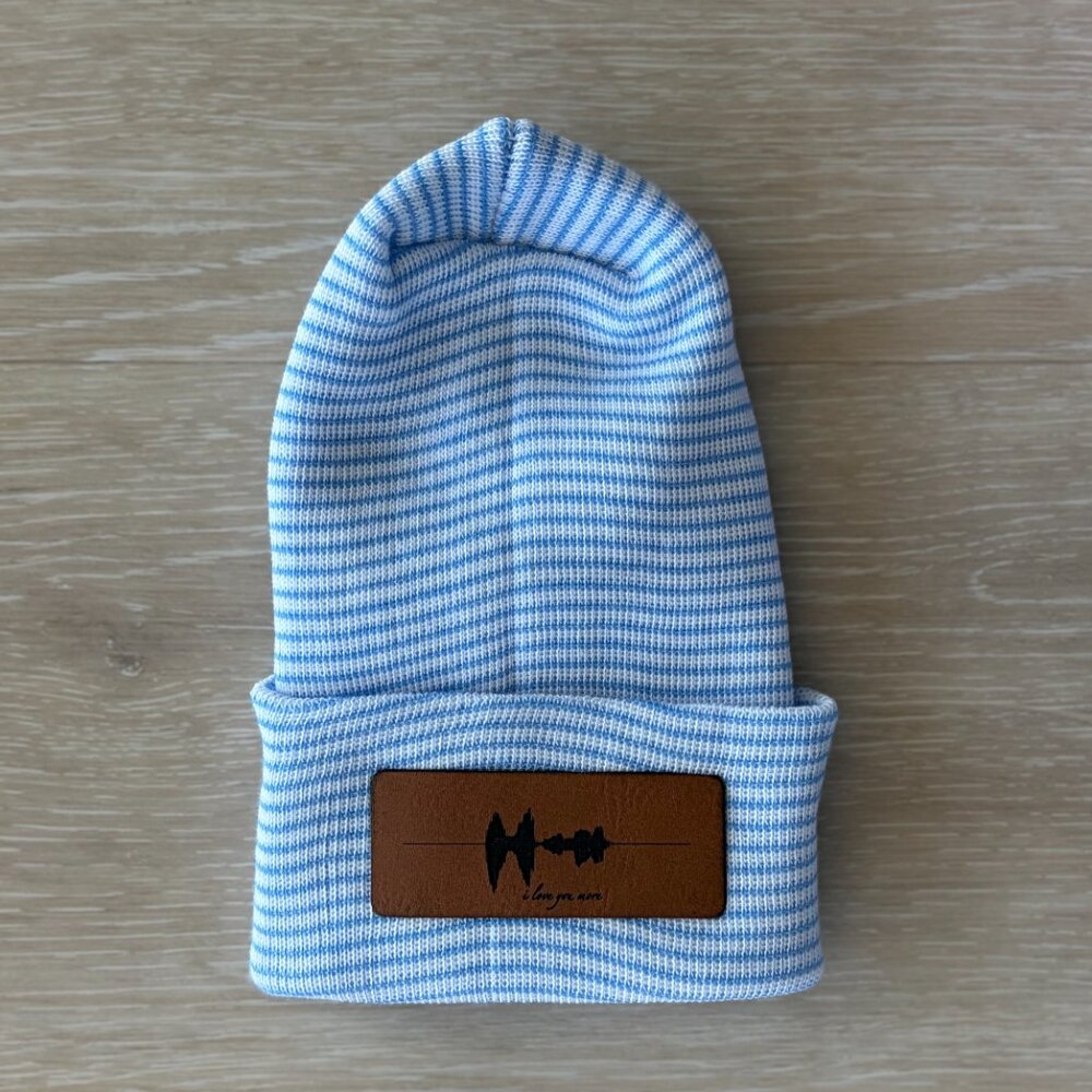 NEW I Love You More Cotton Baby Beanie Newborn Blue White Stripe Minimalist